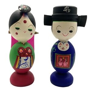 Korean Wooden Kokeshi Dolls Asian Souvenir Folk‎ Wedding 7" Wood Handpainted